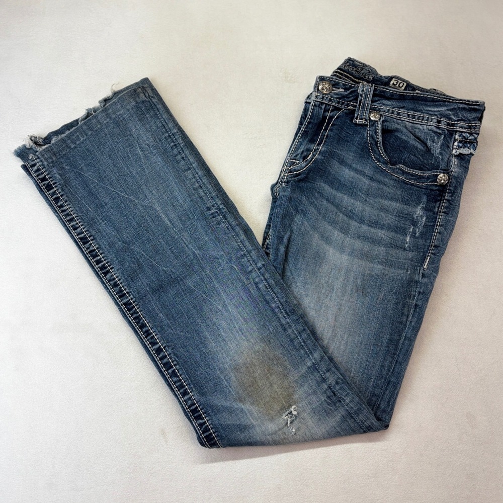 Miss Me Bootcut Jeans Women 30 Blue Medium Wash Rhinestone Distressed see pics